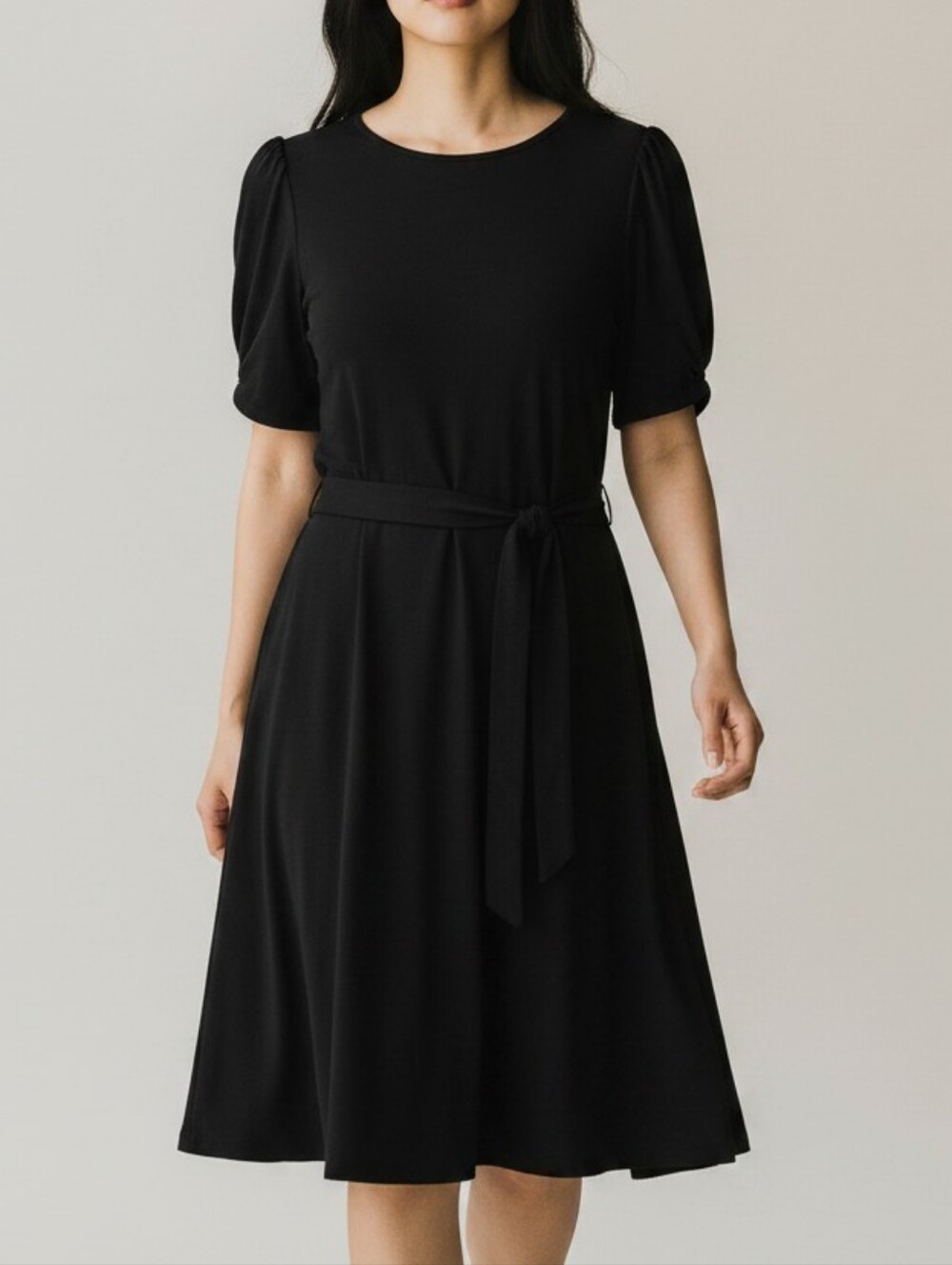 Boden Black Crewneck Tie-Waist Midi Dress Puff Sleeve workwear office classic